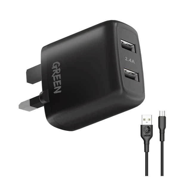 DUAL USB 12W WALL CHARGER WITH USB A TO MICRO