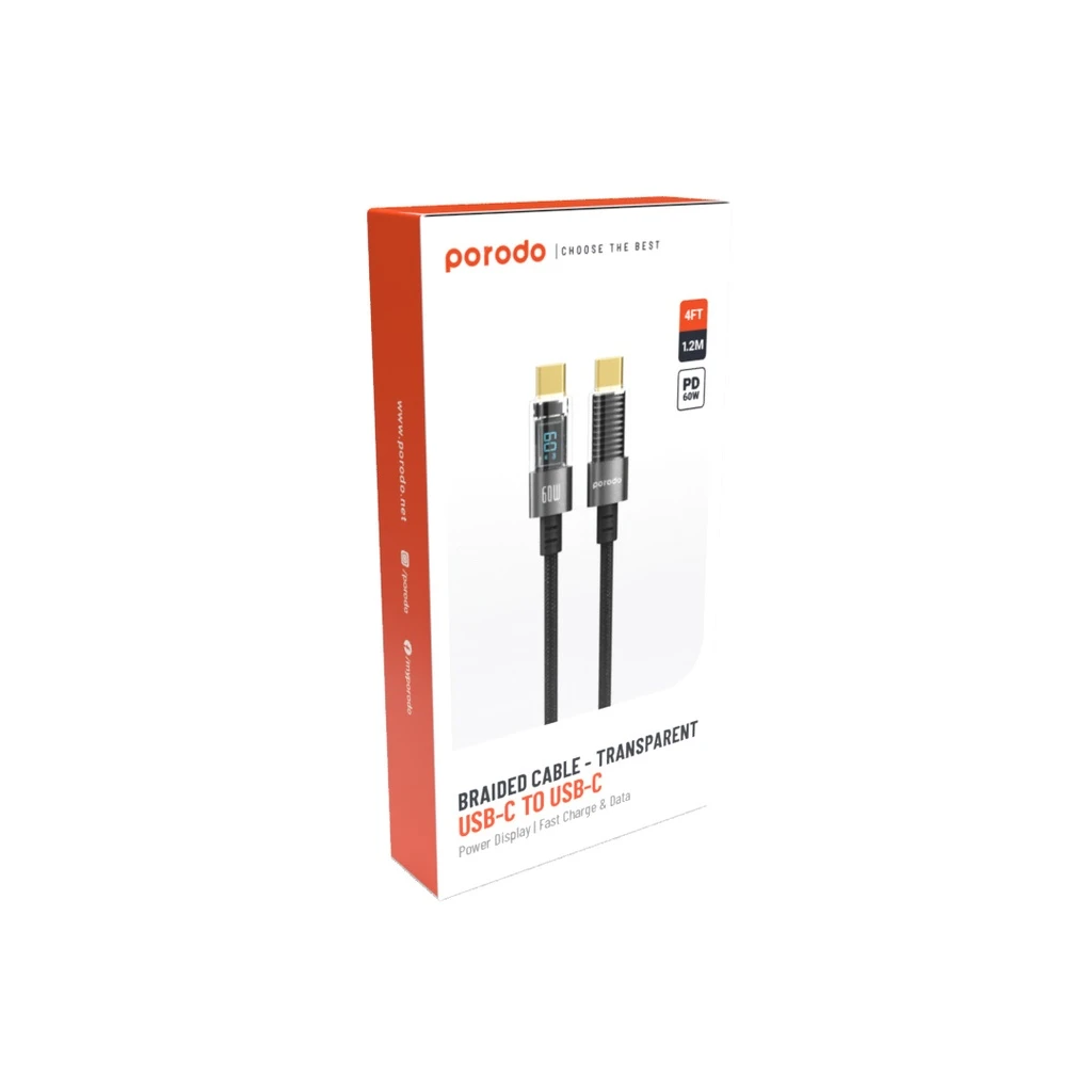 Porodo Alum, Alloy Braided Cable Type -C to C 60W 1.2m - Black