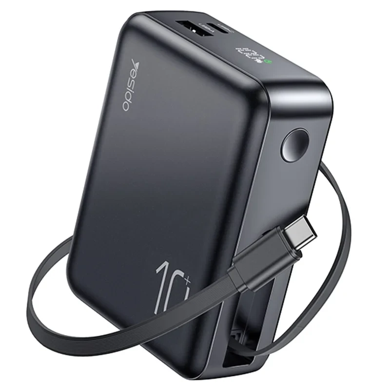 YESIDO YP70 10000mAh Power Bank Portable Charger with 70cm Retractable Type C Ca